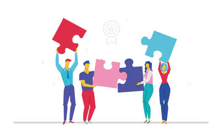 Business team doing a puzzle flat design style colorful illustrationのイラスト素材