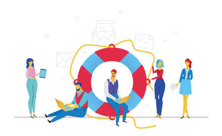 Colleagues help each other - flat design style colorful illustrationのイラスト素材
