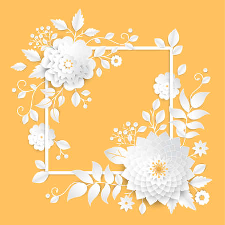 Paper cut flowers - modern vector colorful illustration on orange background with a square frame, place for your text. High quality greeting card, invitation template. Beautiful romantic compositionのイラスト素材