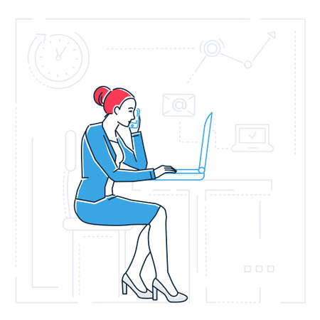 Businesswoman at the computer - line design style isolated illustration on white background. Metaphorical image of person, speaking on the phone. Multitasking, time management conceptのイラスト素材