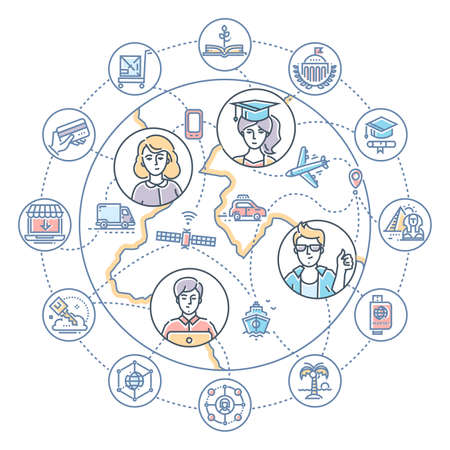 Internet business - modern flat design style colorful illustration on white background. Infographics with a globe, young people that study and work online. Freelance workers, students and usersのイラスト素材