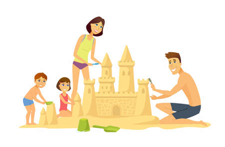 Happy children on the beach - cartoon people character illustration isolated on white background. Smiling kids building a sandcastle, flying a kite, playing with a ball, having fun togetherのイラスト素材