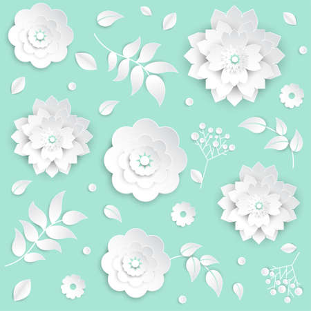 Paper cut flowers - set of modern vector colorful objects isolated on blue background. High quality collection of lovely white buds with leaves and petals, perfect for greeting cards, invitationsのイラスト素材