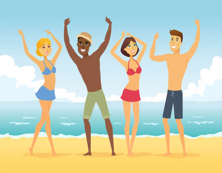 Happy friends on the beach - cartoon people character illustration. Young smiling international boys and girls having fun together, posing for a photo, waving hands. Perfect for presentationのイラスト素材