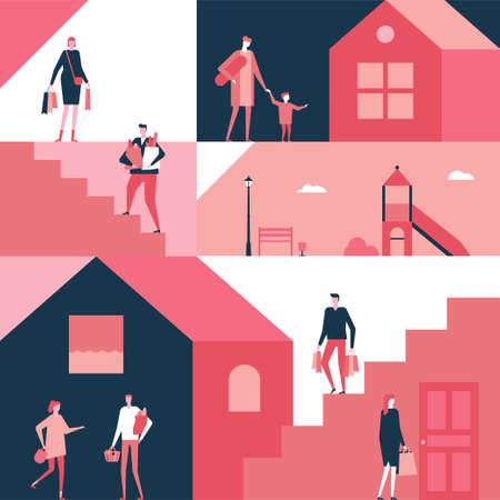 Shopping - flat design style illustration. Cartoon women, men and children standing with their packages, trolley, baskets full of products. Unusual geometric composition with playground, stairsのイラスト素材