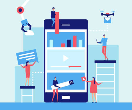 Mobile app development - flat design style illustration. Metaphorical composition with big...
