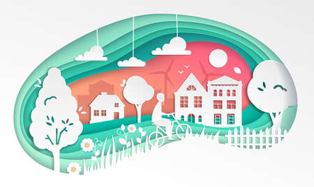 Country landscape - modern vector paper cut illustrationのイラスト素材