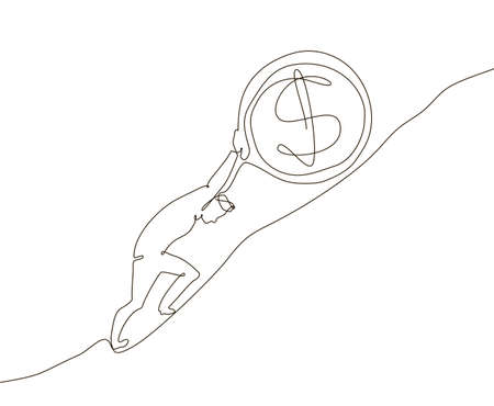 Money making - one line design style illustration isolated on white background. Metaphorical image of a businessman rolling a dollar coin up the hill. Deadline conceptのイラスト素材