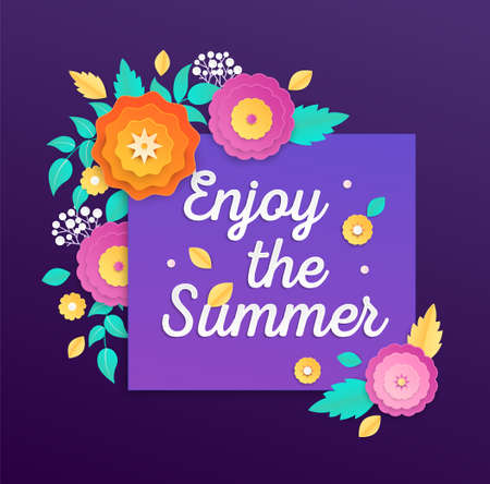 Enjoy the summer - modern vector colorful illustration on purple background. High quality composition with lovely paper cut flowers, floral ornament. Perfect as a card, banner, flyerのイラスト素材