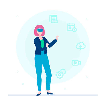 Woman in VR glasses - flat design style colorful illustrationのイラスト素材