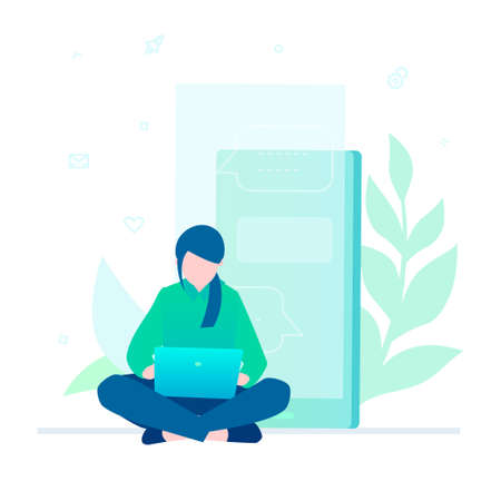 Woman working with a laptop - flat design style colorful illustrationのイラスト素材