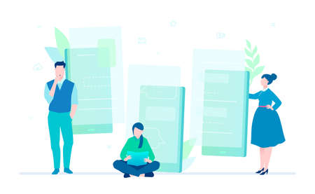 Business communication - flat design style colorful illustration on white background. A composition with office managers or businessmen working on a project, images of big smartphones, gadgetsのイラスト素材