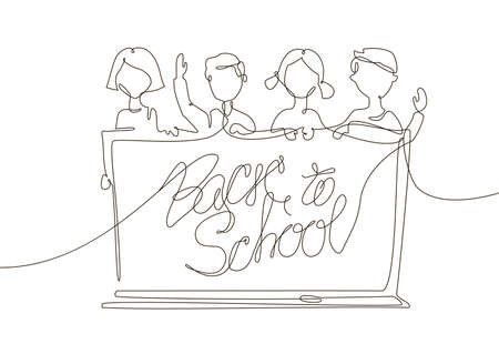Back to school - one line design style illustration on white background. A composition with cute characters, happy children holding a bannerのイラスト素材