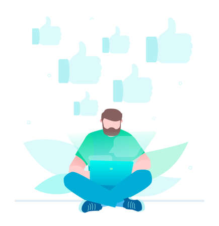 Get more likes - flat design style illustration on white background. A young male worker sitting with a laptop, surfing in the internet, social networking websites. Marketing strategy conceptのイラスト素材
