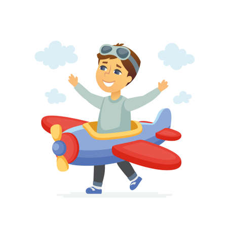Boy in a pilot costume - cartoon people characters illustration isolated on white background. High quality composition with a cute kid playing toy plane, wearing goggles. Happy childhood conceptのイラスト素材