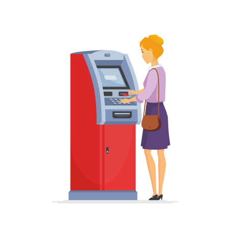 Young woman using ATM - cartoon people characters illustration isolated on white background. High quality composition with a blonde stylish girl putting a card into cash machine. Financial conceptのイラスト素材