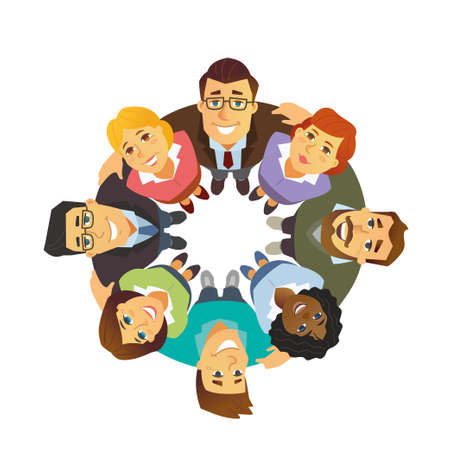 Business team - cartoon people character isolated illustration on white background. A composition with colleagues, international partners standing together in a circle, supporting each otherのイラスト素材