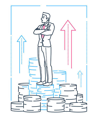 Businessman standing on coins - line design style illustration on white background. Metaphorical linear image of a man thinking about benefits and business development. Financial conceptのイラスト素材