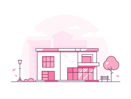 Lovely cottage - modern thin line design style vector illustrationのイラスト素材