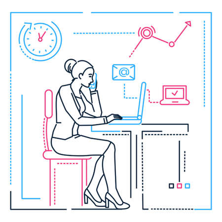Businesswoman at the computer - line design style illustrationのイラスト素材