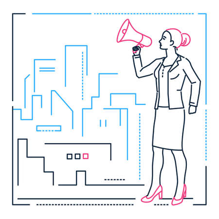 Businesswoman with a megaphone - line design style illustration on white urban background. Metaphorical linear image of a confident person ready to give speech. Ideas, opinion sharing conceptのイラスト素材