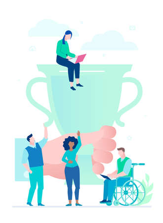 Business success - flat design style illustration on white background. Colorful composition with employees. Big hand holding a cup, prize. Disabled person working with a laptop. Productive teamworkのイラスト素材
