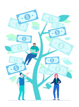 Growing money - flat design style illustration on white background. A composition with business team around a tree with bank notes as leaves, woman with watering pot. Financial conceptのイラスト素材