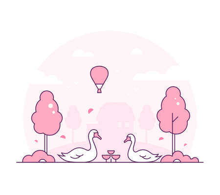 Rural landscape - thin line design style vector illustration. Pink colored high quality composition with two swans, trees, bush, balloon in the sky. Silhouette of a small house on the backgroundのイラスト素材