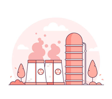Nuclear power plant - thin line design style vector illustration on white background. Red colored high quality composition with a factory, pipes, smoke from chimney, tower, tree. Industrial conceptのイラスト素材
