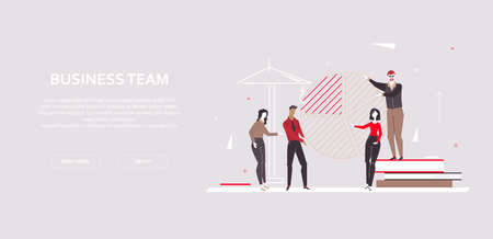 Business team - modern flat design style colorful banner on gray background with copy space for your text. A composition with employees, managers showing diagram sectors. Analytics, analyses conceptのイラスト素材
