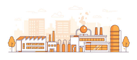 City factory - modern thin line design style vector illustration on white background. Orange colored urban composition with a big plant, pipes, chimneys, trees, buildings. Industrial conceptのイラスト素材