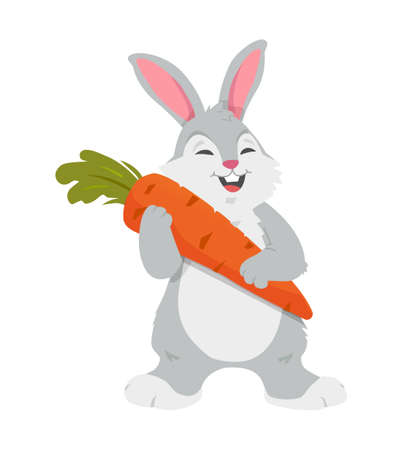 Cheerful rabbit with carrot - colorful cartoon character vector illustration isolated on white background. Fluffy farm animal holding a vegetable. Easter symbol. High quality image for bannersのイラスト素材