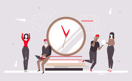 Deadline - modern flat design style colorful illustration on gray background. A composition with male, female colleagues, team working on a project. Images of big clock, calendar. Time managementのイラスト素材