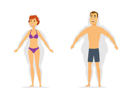 Weight loss - modern cartoon people characters illustration isolated on white background. Composition with young smiling man and pretty woman with shadows of fat shapes. Successful diet, sport conceptのイラスト素材