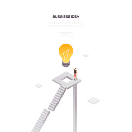 Business idea - modern isometric vector web banner on white background with copy space for text. High quality composition with businessman standing on the staircase, lightbulb. Creativity conceptのイラスト素材