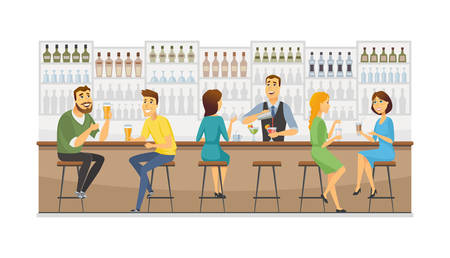 Bartender at work - cartoon people characters illustration. High quality colorful composition with bar, pub interior with shelves, people, man and woman drinking and talking, worker making cocktailsのイラスト素材