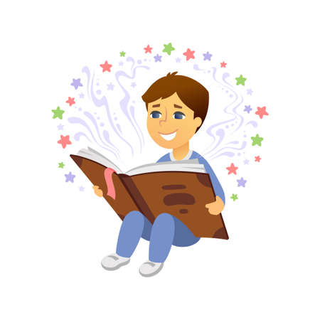 Boy reading - cartoon people character isolated illustration on white background. High quality composition with a smiling cute baby sitting with a book. Imagination, creativity, education conceptのイラスト素材