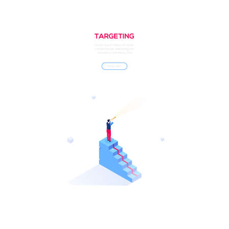 Targeting concept - modern isometric vector web banner on white background with copy space for text. High quality illustration with businessman standing on the staircase looking through a telescopeのイラスト素材