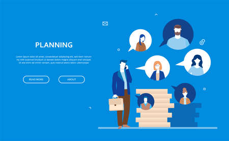 Planning - flat design style colorful web banner on blue background with copy space for your text. A composition with businessman talking on a phone with colleagues, online conversation, pile of coinsのイラスト素材