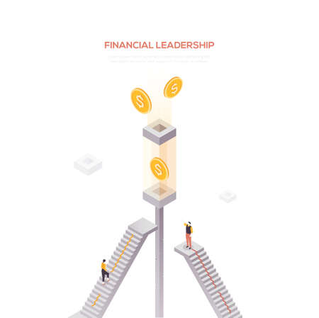 Financial leadership - modern isometric vector web banner on white background with copy space for text. High quality composition with business people, male and female managers climbing up the stairsのイラスト素材