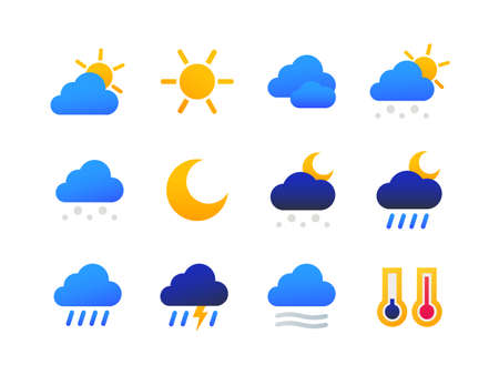 Weather types symbols - set of flat design style icons on white background. High quality bright colorful images of thermometer, cloudy, rainy, snowy, windy, lightning, day, night. Forecast conceptのイラスト素材