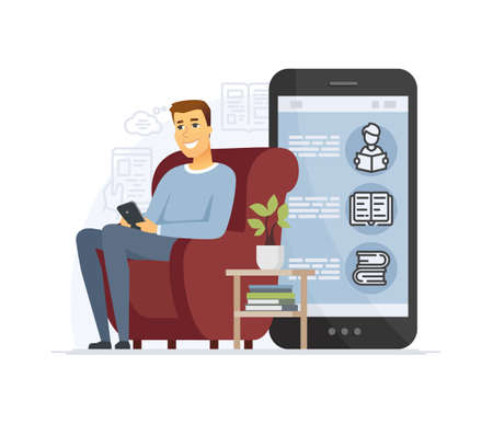 Reading online - modern vector cartoon character illustration isolated on white background. A composition with a young happy man using mobile app to find literature. Boy sitting on a chair with e-bookのイラスト素材