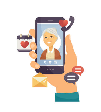 Grandmother calling - modern vector cartoon character illustration on white background. A composition with hand holding smartphone with senior woman on screen, thematic icons, chatting, camera, emailのイラスト素材