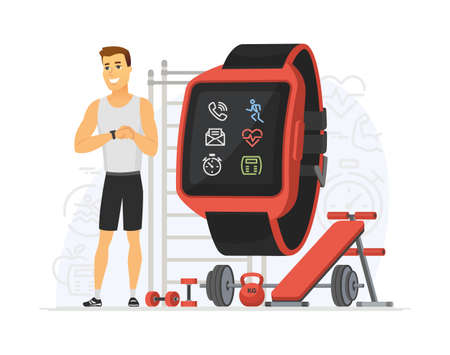 Fitness tracker - modern vector cartoon character illustration isolated on white background. Composition with young sportive man using smart watch to do exercises, workout, keep fit. Healthy lifestyleのイラスト素材