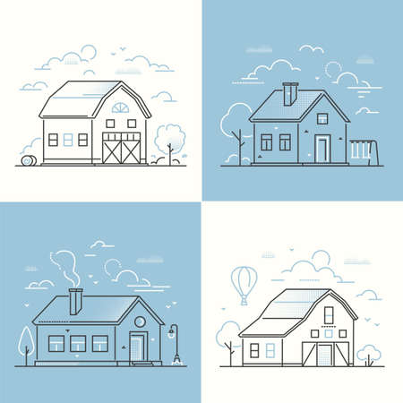 Cottage houses - set of thin line design style vector illustrations on white and blue background. Four images with small buildings, barn, lantern, tree, swing, haystacks. Farm, village architectureのイラスト素材