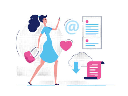 Modern girl - modern flat design style illustration on white background. High quality composition with cute woman walking, surfing on the internet, writing email, using cloud, clicking like buttonのイラスト素材