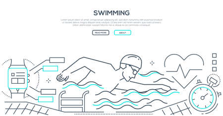 Swimming Modern Line Design Style Web Banner On White Background