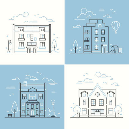 Urban architecture - set of thin line design style vector illustrations on white and blue background. High quality collection of nice houses, public and private buildings, lantern, trees, benchのイラスト素材