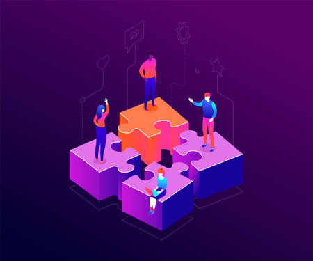 Our team - modern colorful isometric vector illustration on purple background. A composition with male, female business people, colleagues standing on puzzle pieces. Teamwork, cooperation conceptのイラスト素材