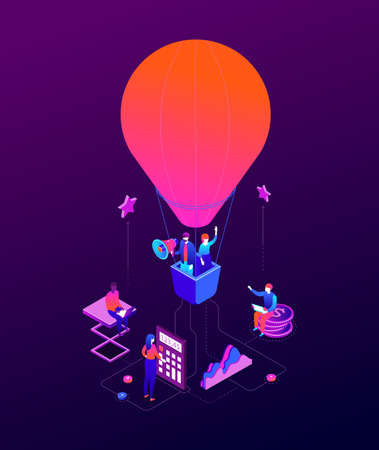 Goal achievement - modern isometric vector colorful illustration on dark purple background. A composition with business people flying on a hot air balloon, images of coins, calculator, megaphoneのイラスト素材